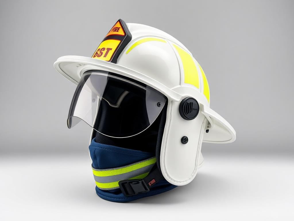 Helm pemadam kebakaran merk Pratect dengan face shield bening dan neck curtain